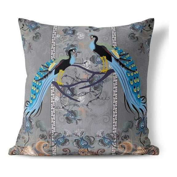 Enchanted Peacock Indoor/Outdoor Pillow with Removable Cover in Gray 16x16