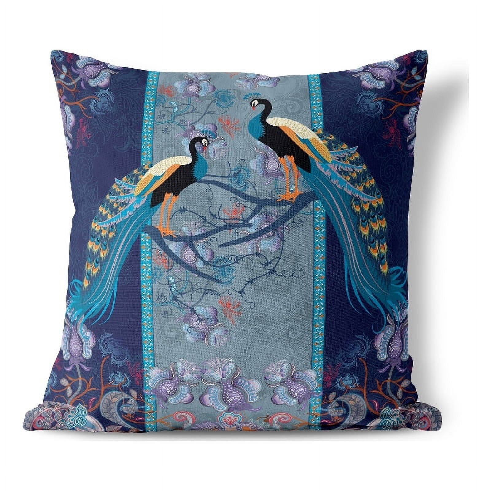 Indigo Blue Polyester Square Indoor/Outdoor Pillow with Peacock Design