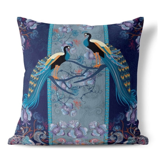Enchanted Peacock Indoor/Outdoor Pillow with Removable Cover in Indigo 16x16