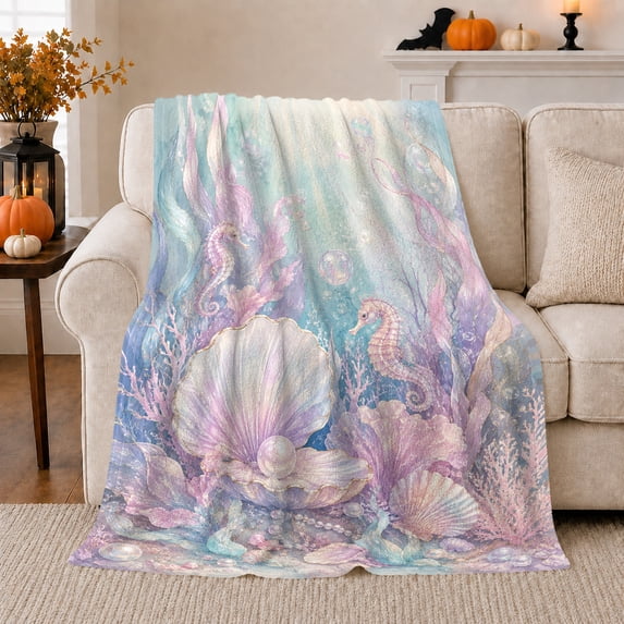 Enchanted Pearl Clam Seahorse Ocean, Peaceful Coastal Landscape Scene, Warm Flannel Blanket for Beach House and Living Room, Beach Lovers Thanksgiving Gift, Coastal Home Decor