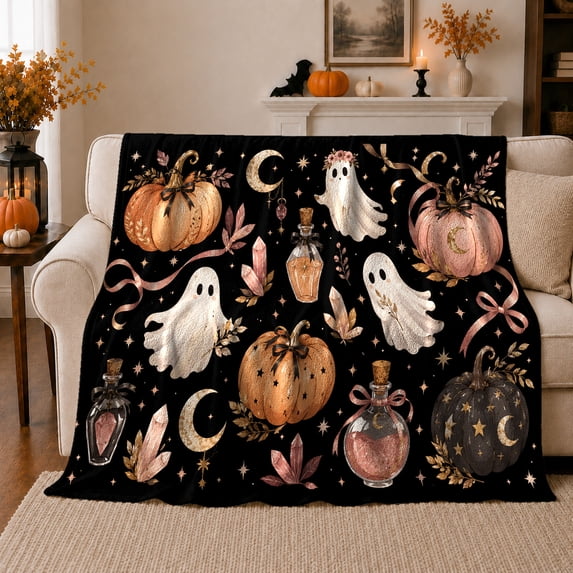 Enchanted Pumpkin Magic Autumn Scene, Warm Flannel Blanket for Living Room and Family Room, Art Lovers Autumn Celebration Gift, Festive Home Decor