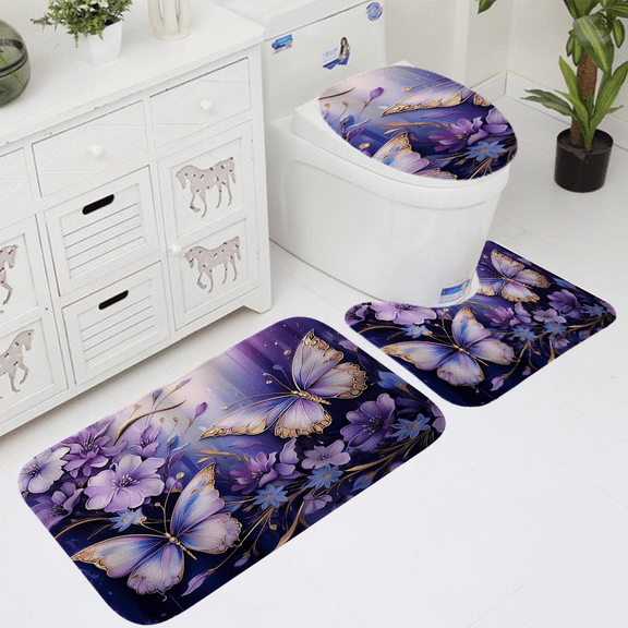 Enchanted Purple Butterfly 3-Piece Bath Rug Set, Non-Slip Polyester Bathroom Mats, Plush Absorbent Washable Rugs with Toilet Lid Cover & U-Shaped Mat for Magical Glam Bathroom Decor