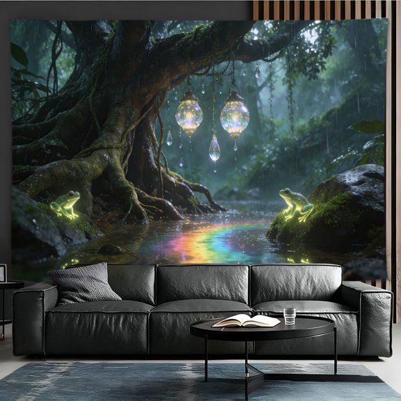 Enchanted Rainforest Frog Tapestry Rainbow Stream Misty Fairy Forest Nature Wall Hanging Decor for Bedroom Dorm 40 x 60 Inch