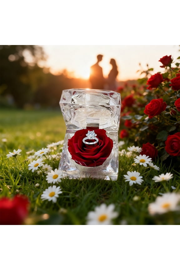 Enchanted Real Preserved Forever Roses in Clear Acrylic Ring Box, Fresh-Cut Eternity Flower That Lasts Years, Valentine’s Day, Mother’s Day, for Her