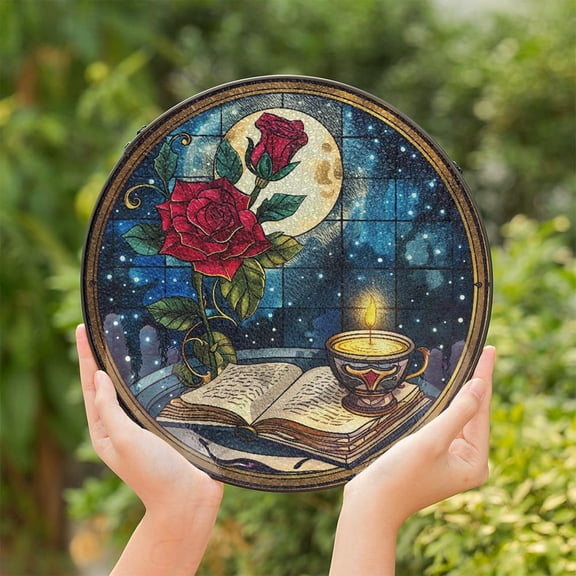 Enchanted Rose Glass Suncatcher v4, Bookish Flower Hanging, Beauty and the Beast, 3.5 in