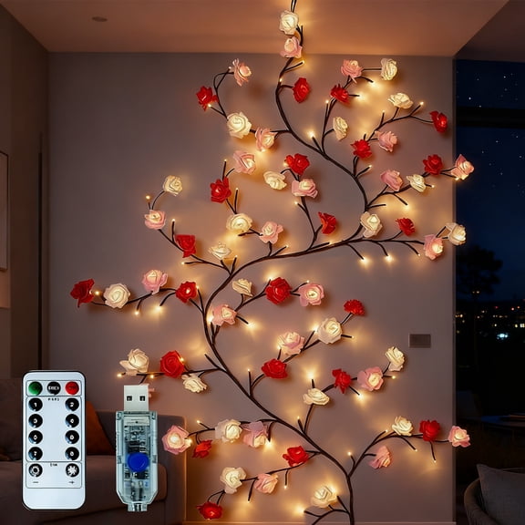 Enchanted Rose LED Tree Branch Lights, Flower Twig Garland with 144 LED Lights & Remote Control, 8 Lighting Modes, Indoor Wall Decor for Bedroom Christmas Home Decorations(90.55IN)
