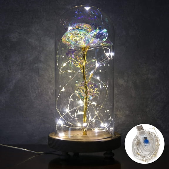 Enchanted Rose in Glass Dome - Galaxy Rose with Led Light String - Colorful Flower Gift