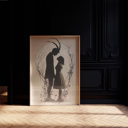 Enchanted Silhouette Love Scene Art Dark Fantasy Couple Illustration Horned Figure Romance Poster , Poster Print Only
