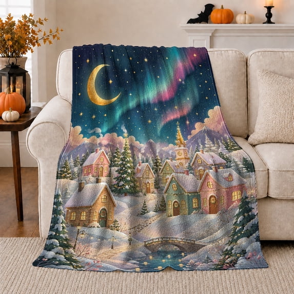 Enchanted Snowy Village Night Scene Aurora Borealis Winter, Festive Holiday Scene, Warm Flannel Blanket for Living Room and Family Room, Art Lovers Housewarming Gift, Festive Home Decor