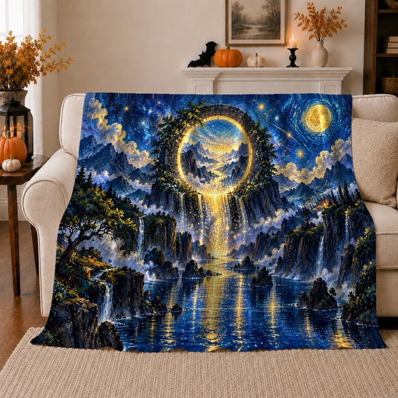 Enchanted Starlit Portal Waterfall Fantasy Landscape Art Mystical, Peaceful Mountain Lake Scene, Warm Flannel Blanket for Cabin and Lodge, Outdoor Lovers Camping Gift, Fantasy Home Decor