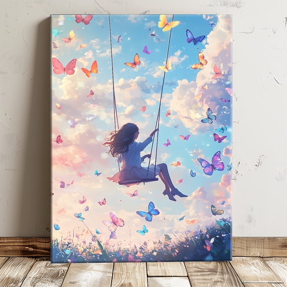 Enchanted Swing Girl & Colorful Butterflies Canvas Art Print - Whimsical Wall Decor for Home, Office, Bedroom, Living Room - Framed Wood Canvas Artwork, Perfect Gift Idea
