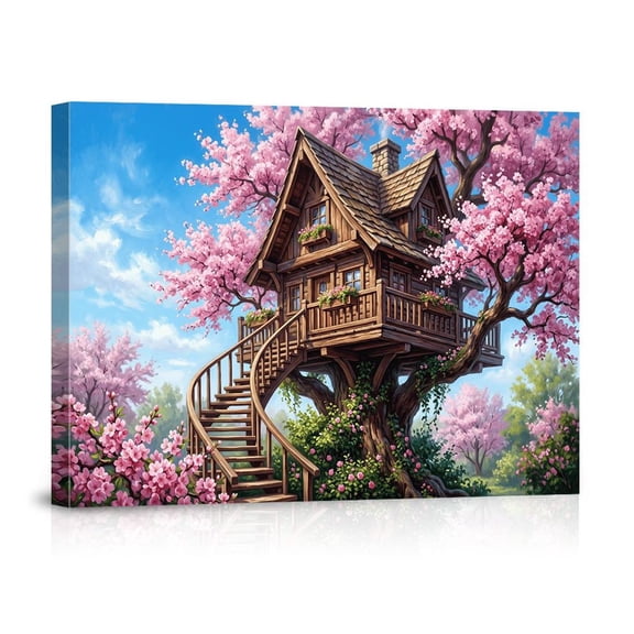 Enchanted Treehouse Wall Art Pink Cherry Blossom Art Whimsical Fairy Tale Cottagecore Aesthetic Landscape Print Living Room Decor, Unframed Paper Print