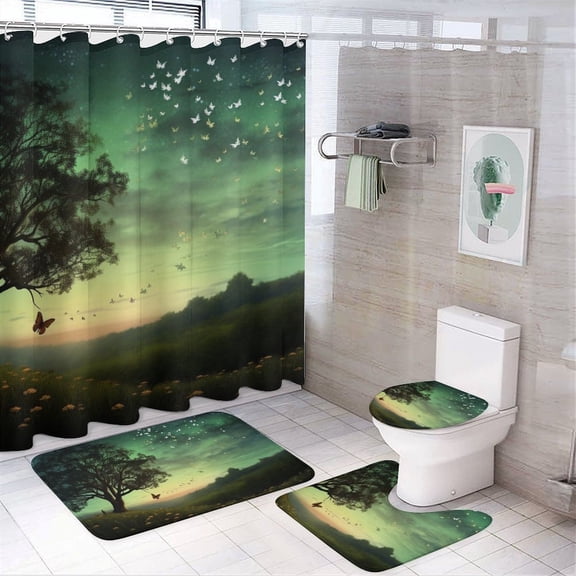 Enchanted Twilight Butterfly Meadow Shower Curtain Set 4PCs with Hooks Waterproof Bathroom Toilet Mat Lid Decor