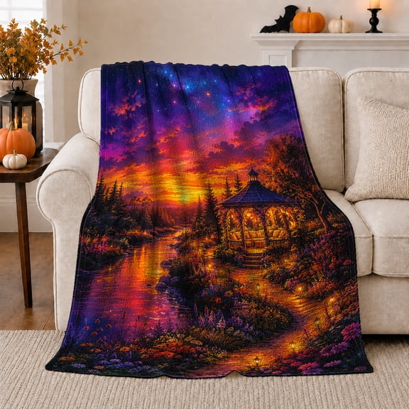 Enchanted Twilight Gazebo Landscape, Peaceful Fantasy Scene, Warm Flannel Blanket for Cabin and Lodge, Celestial Art Lovers Housewarming Gift, Fantasy Home Decor
