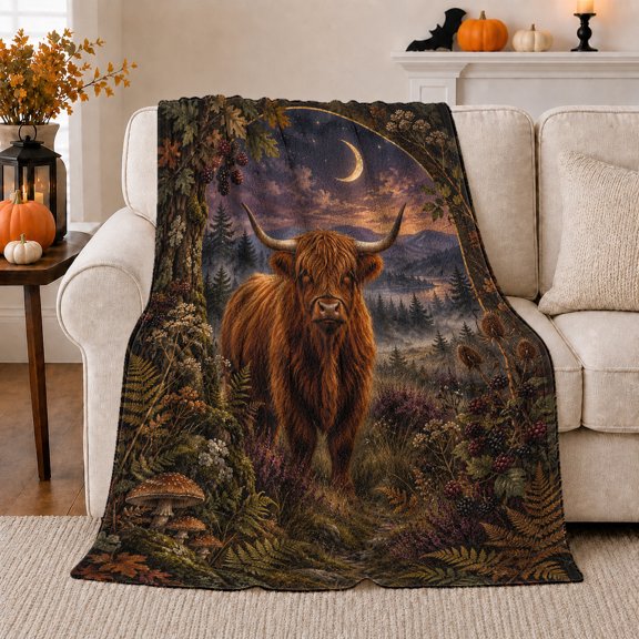 Enchanted Twilight Highland Cow Woodland, Peaceful Woodland Scene, Warm Flannel Blanket for Ranch House and Living Room, Animal Lovers Thanksgiving Gift, Botanical Home Decor