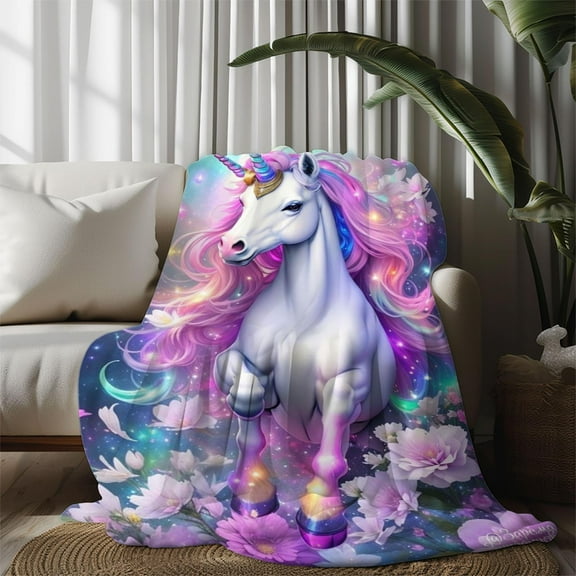 Enchanted Unicorn & Floral Fantasy Flannel Throw Blanket - Large, Soft, All-Season Polyester Blend, Vibrant Rainbow Unicorn Design with Glowing Horn & Tail