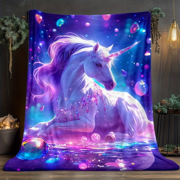 Enchanted Unicorn Starry Night Blanket Lightweight Flannel Soft Warm Digital Print with Glowing Purple Scene Perfect Home Bedding Sofa Travel Camping Camping Blanket Magical Theme Blanket
