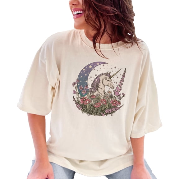 Enchanted Unicorn T-Shirt, Magical Moon and Floral Unicorn Tee, Fantasy Art Unicorn Shirt, Mystical Unicorn Graphic Tee, Ivory Comfort Colors T-Shirt, XL