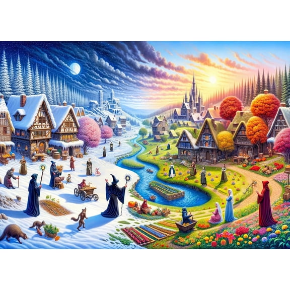 Enchanted Villages in Different Seasons 1000 Piece Jigsaw Puzzle for Adults, Magical Landscape Series Puzzle for Relaxation and Home Decor