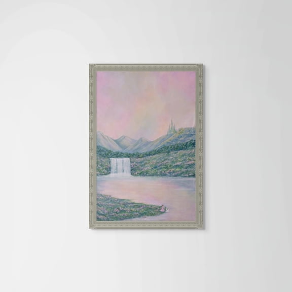 Enchanted Waterfall Castle Fantasy Art Print, Unframed Paper Poster 8x10in
