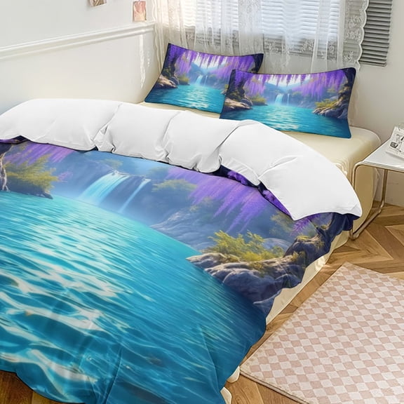 Enchanted Waterfall Garden Duvet Cover Set Themed Multicolor Polyester Bedding Set for Bedroom Decoration