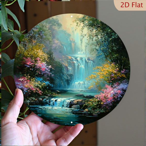 Enchanted Waterfall Landscape Art Decor, 8" Round Aluminum Metal Signs, Wall Decor For Kitchen, Door, Office, Coffee, Bedroom Decor, Best Gifts For Room, Home, Bathroom Decor, Weird Decor