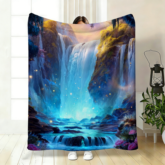 Enchanted Waterfall Landscape Flannel Throw Blanket Soft Warm Fabric, Lightweight Cozy for Naps, Sofa, Bed, Camping Travel, Perfect for Home Decoration or Gifting Friends Family.