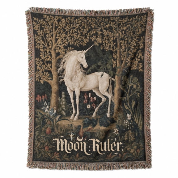 Enchanted White Unicorn in Dark Forest Woven Throw Blanket, Cotton with Fringed Edges, Vintage Tapestry Style, Couch and Bed Home Decor