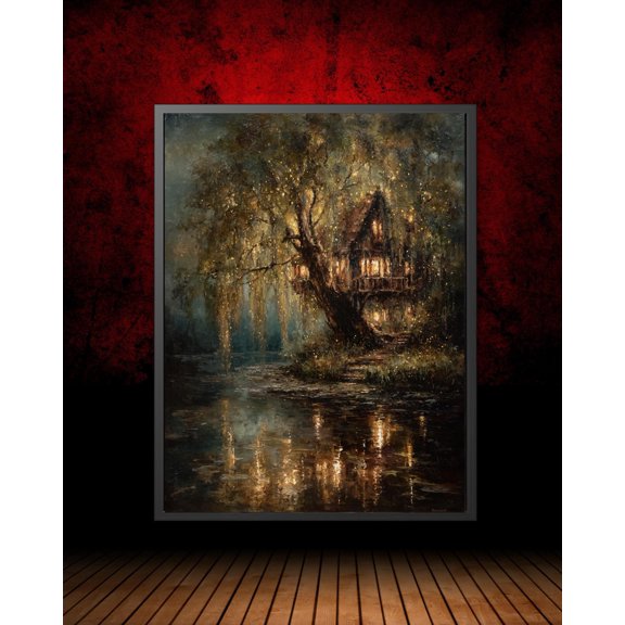 Enchanted Willow Treehouse Art Poster, Fairy Lights Over Water, Moody Fantasy Forest, Dark Academia Wall Art, Magical Night Decor, Unframed Poster Size 8x12