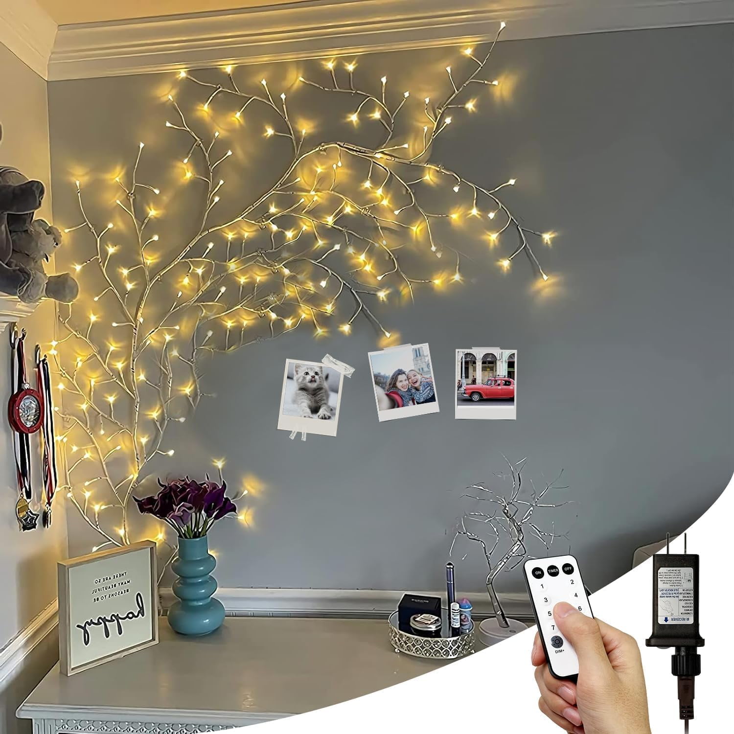 Guirlande Lumineuse Branches Souples 144 LED 2,3m - Télécommande, 8 Modes, Minuterie, Blanc Chaud