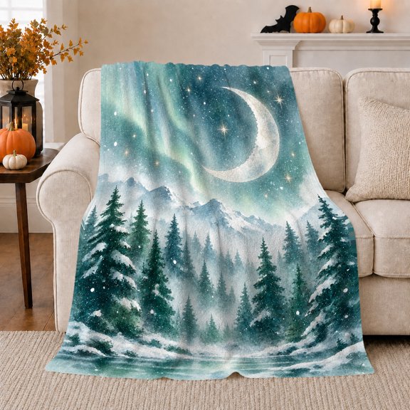 Enchanted Winter Forest Crescent Moon Tranquil Nature Night, Peaceful Mountain Lake Scene, Warm Flannel Blanket for Cabin and Lodge, Outdoor Lovers Camping Gift, Rustic Home Decor