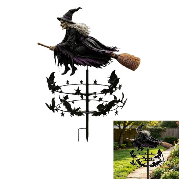 Enchanted Witch Garden Wind Spinner, Flying Witch Bat Design, Windmill Style, Gothic Garden Art for Gardens Patio FallDecorations
