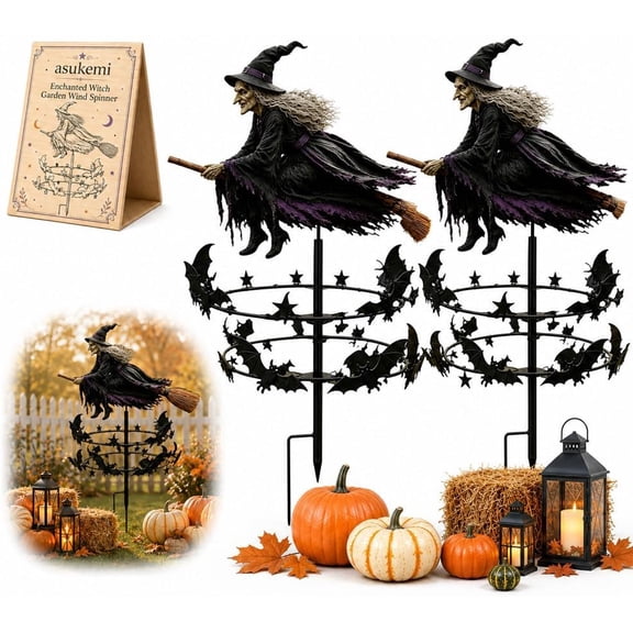 Enchanted Witch Garden Wind Spinner Metal Halloween Yard Art | Flying Witch & Bat Design, Windmill Style, Ground Stake Included, Outdoor Lawn Decor, Gothic Garden Art