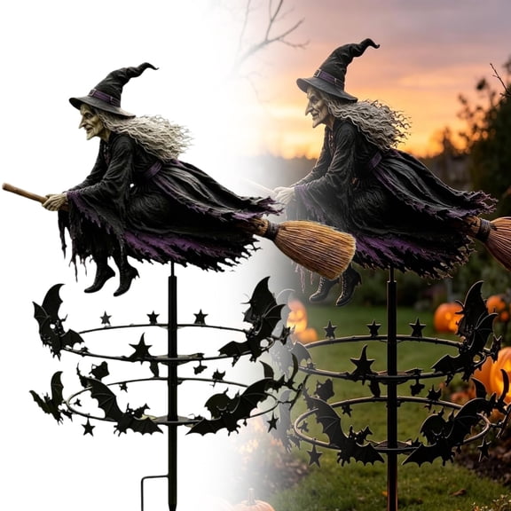 The Enchanted Witch Garden Wind Spinner, Metal Resin Witch Wind Spinners Garden Stake with Flying Witch & Bat, Spooky Spinner for Patio Yard, Whimsical Decor
