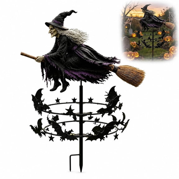 The Enchanted Witch Garden Wind Spinner, Wind Spinners Outdoor for Yard and Garden, Metal Yard Art Halloween Decorations Outdoor with Flying Witch Kinetic Bat Ring, Lawn Patio Decor (1 pcs)