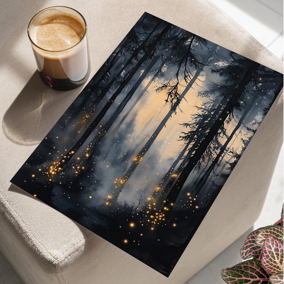 Enchanted Woodland Fireflies Poster Mystical Foggy Forest Fantasy Nature Wall Decor Fairycore Print , Poster Print Only