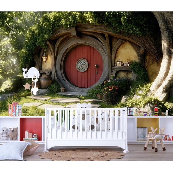 Enchanted Woodland Round Door Peel and Stick Wallpaper Mural, Removable Fantasy Forest Wall Mural for Nursery Kids Room Playroom, Cottage Wall Decor