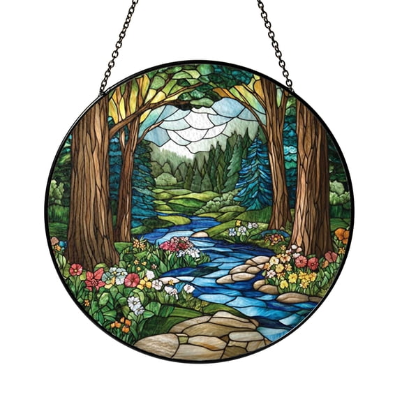 Enchanted Woodland Stream Stained Glass Style Suncatcher, Window Hanging Nature Art Decor Gift