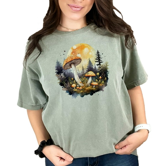 Enchanted forest mushrooms artwork t-shirt, watercolor nature scene graphic tee, unique woodland fungi design, soft casual top, Moss Comfort Colors T-Shirt, 3XL