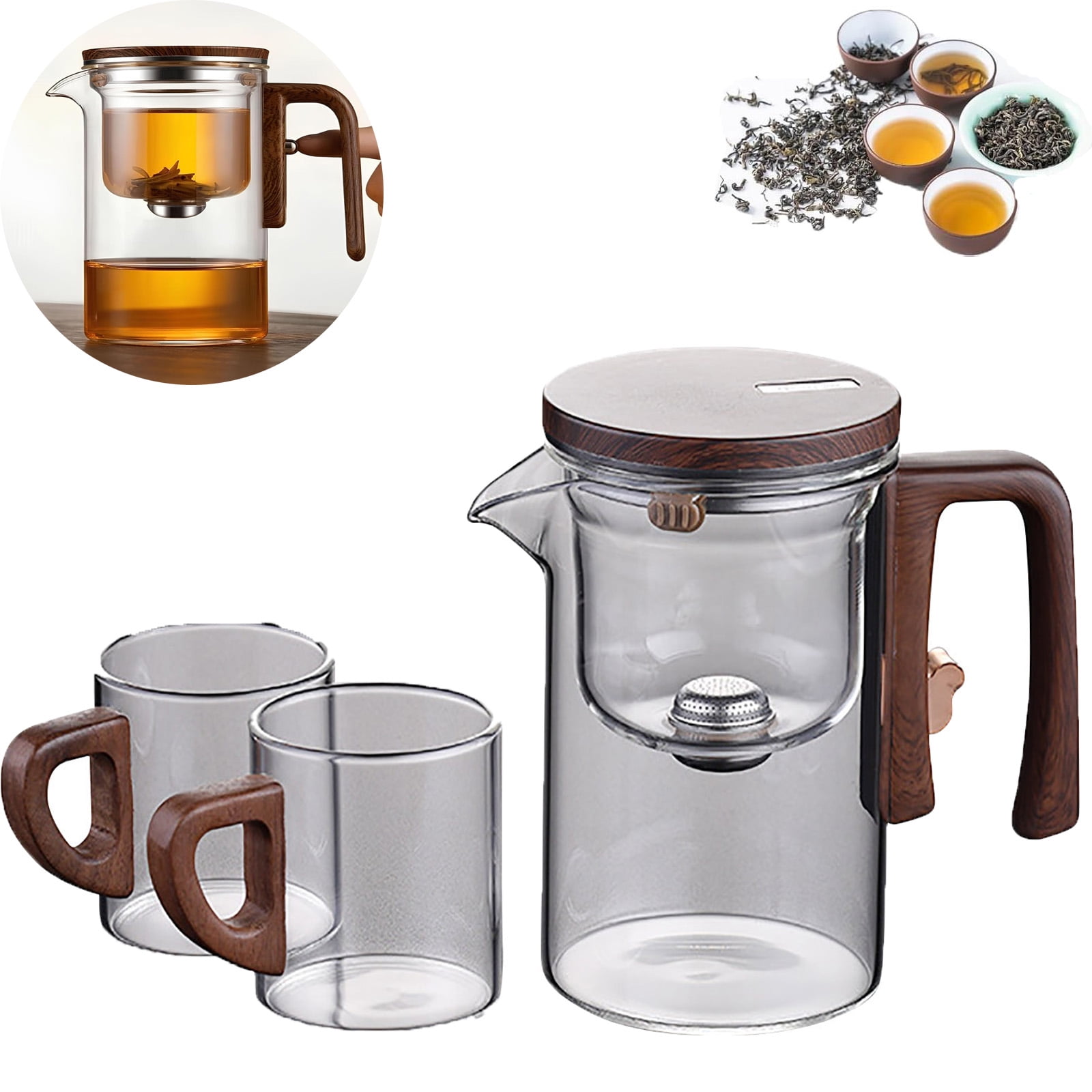 Teiera Magica Con Separatore - Vetro Borosilicato, 600ml, Con Infusore E Manico In Legno, Per T&egrave; E Infusi