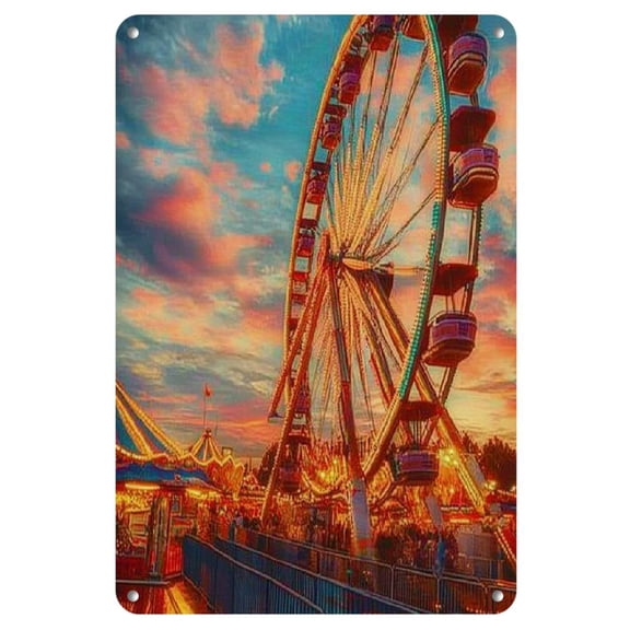 Enchanting Amusement Park 8x12 Inch Metal Sign - Vibrant Ferris Wheel and Roller Coaster Scene, Ideal for Home, Office, or for Decor | Unique Wall Art Gift, Perfect for Room Decoration, Carnival Decor