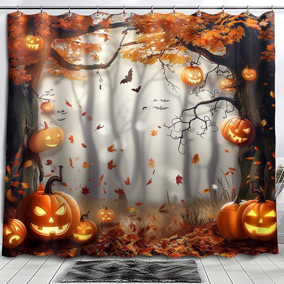 Enchanting Autumn Delight Shower Curtain Vibrant Pumpkins Falling Leaves and Serene Trees Design for a Cozy Home Ambiance
