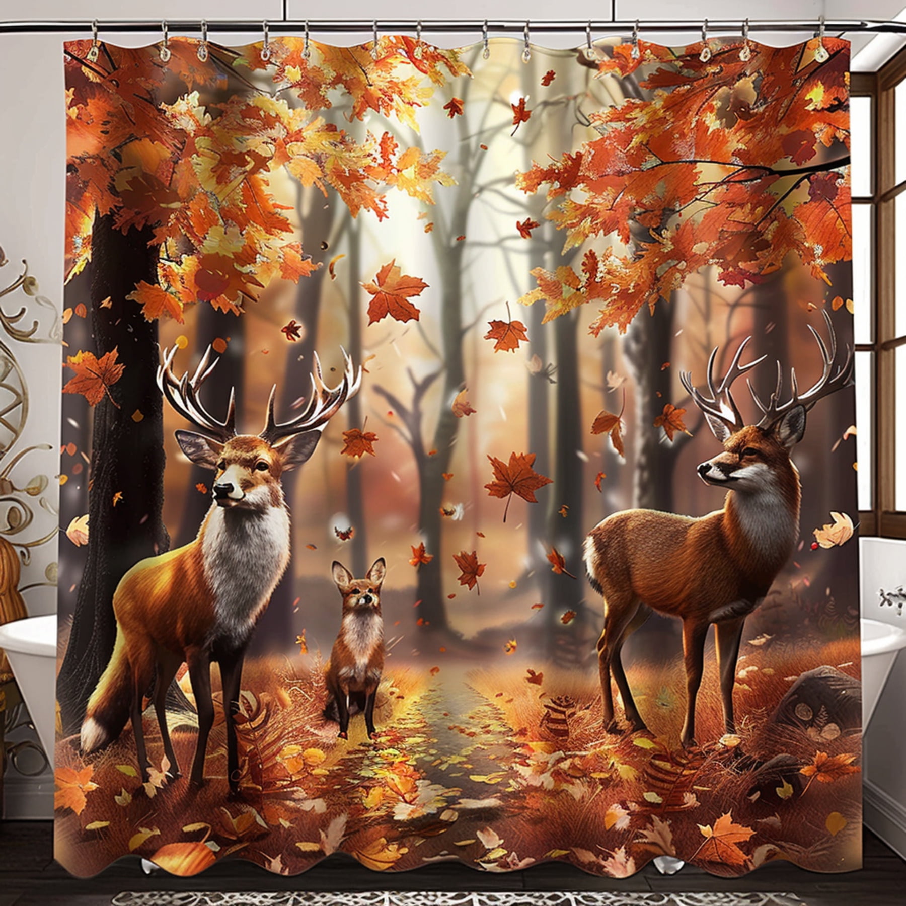 Enchanting Autumn Forest Wildlife Shower Curtain Deer and Fox Design