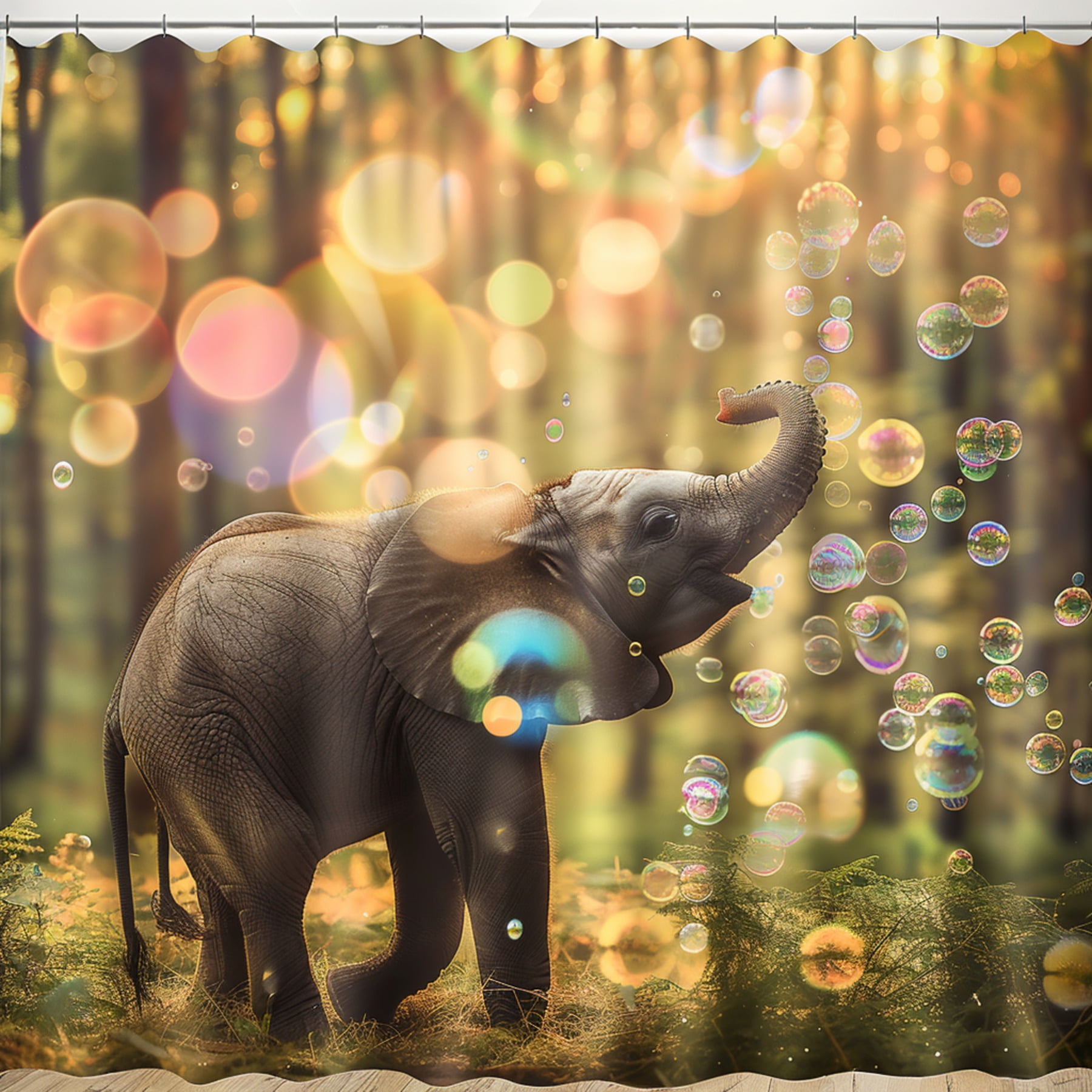 Enchanting Baby Elephant Bubble Bath Forest Landscape Shower Curtain