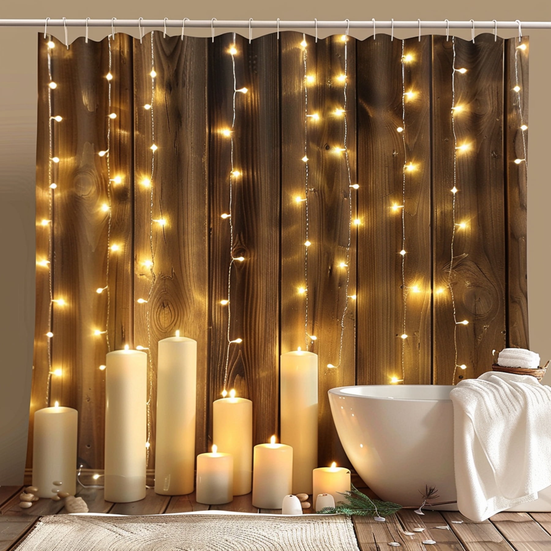 Enchanting Bathroom Ambiance Set: Rustic Wood Backdrop Candlelit Glow ...