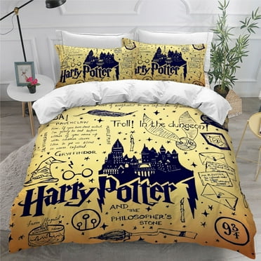 Enchanting Bedding Set Vintage Design with Spells & Sorting Hat - Playful Pale Yellow & Navy Blue
