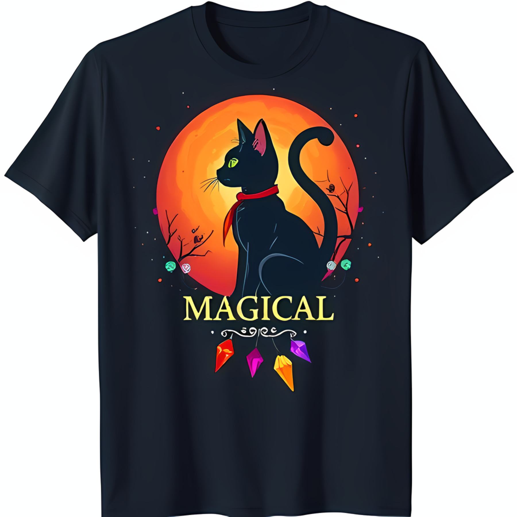 Enchanting Black TShirt with Black Cat on & Magical Crystals