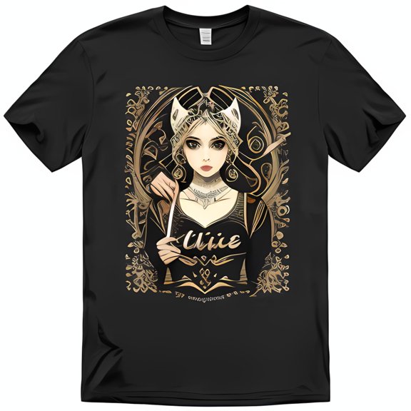 Enchanting Black T-Shirt with Cat Eared Q u e e n Graphic & Floral Design