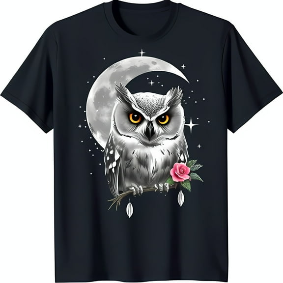 Enchanting Black T-Shirt with Mystical White Owl & Graphic