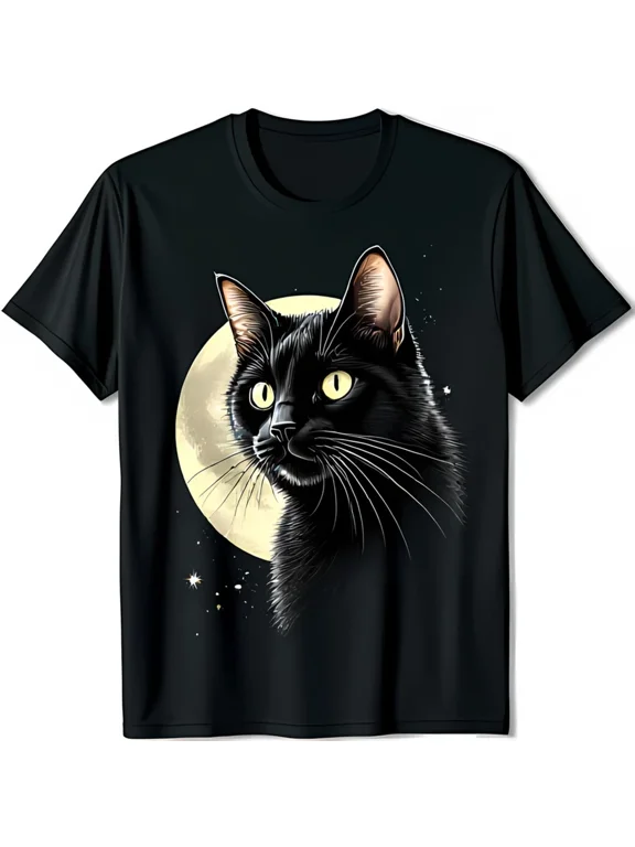 Enchanting Black T-Shirt with Striking Cat Graphic and Moonlit